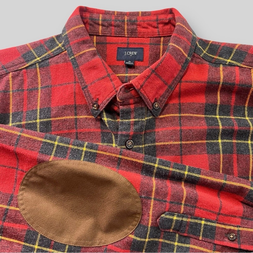 J. Crew Men's Red Flannel Plaid Shirt with Brown Suede Elbow Ptach